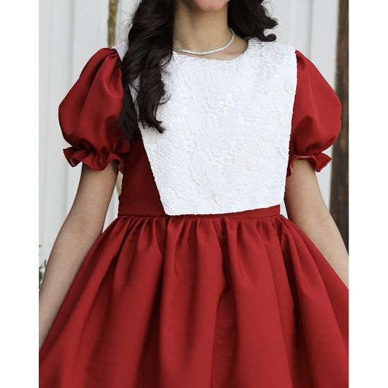 صورة فستان بناتي مطرز بأكمام منفوشة | ألوان (أحمر، عودي، ليموني) - 1175